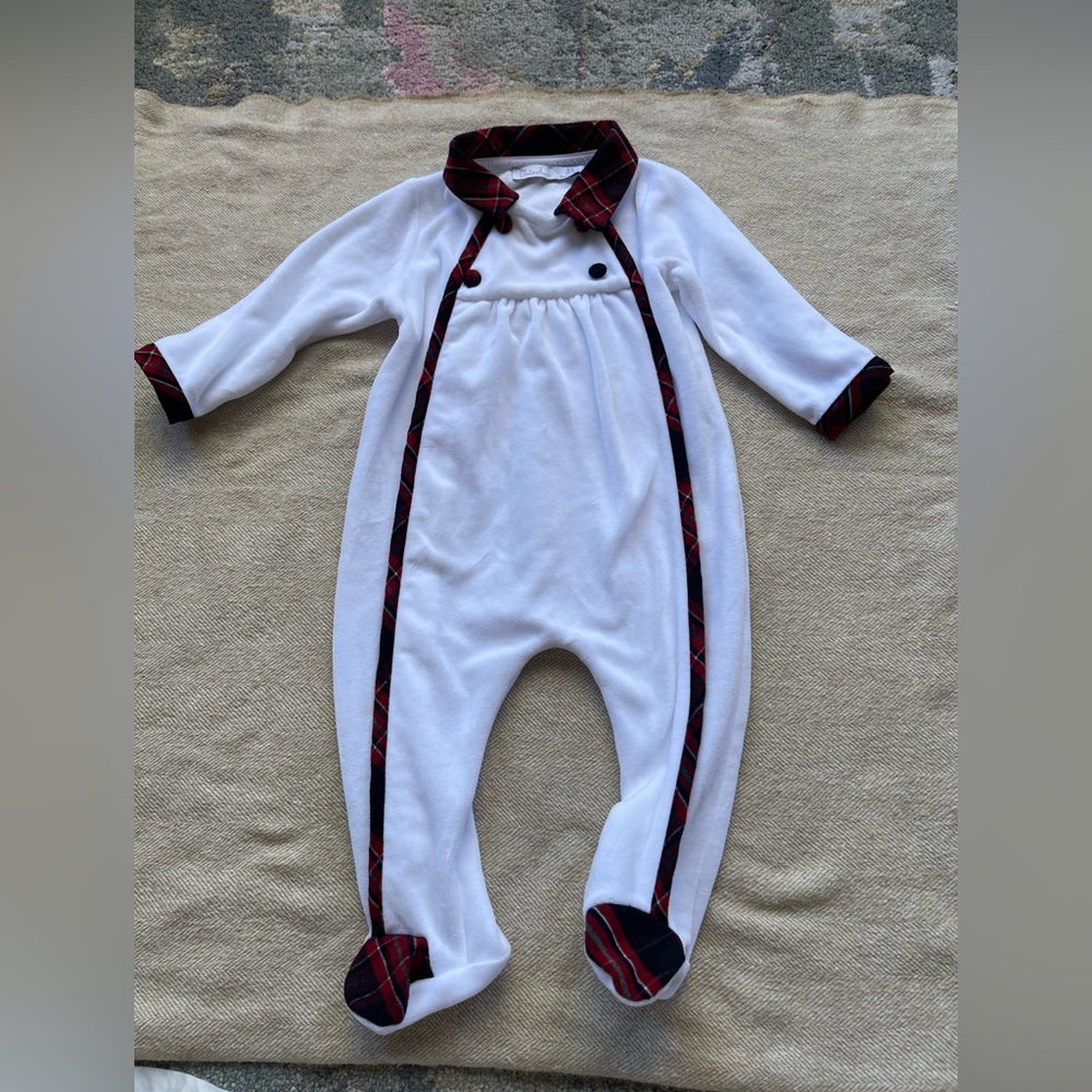 Patachou White Baby Fleece Footie w/ Red Plaid Trim, Sz 6 Months